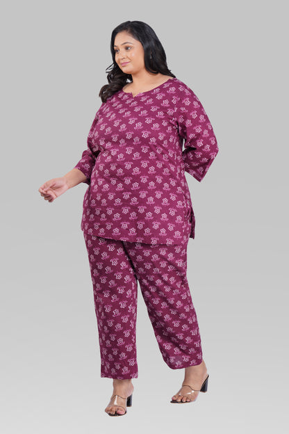 Mulberry Purple Plus Size Cotton Printed Pyjama Set