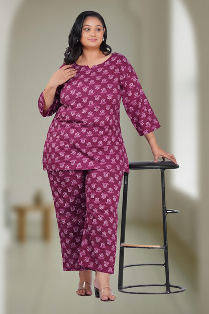 Mulberry Purple Plus Size Cotton Printed Pyjama Set