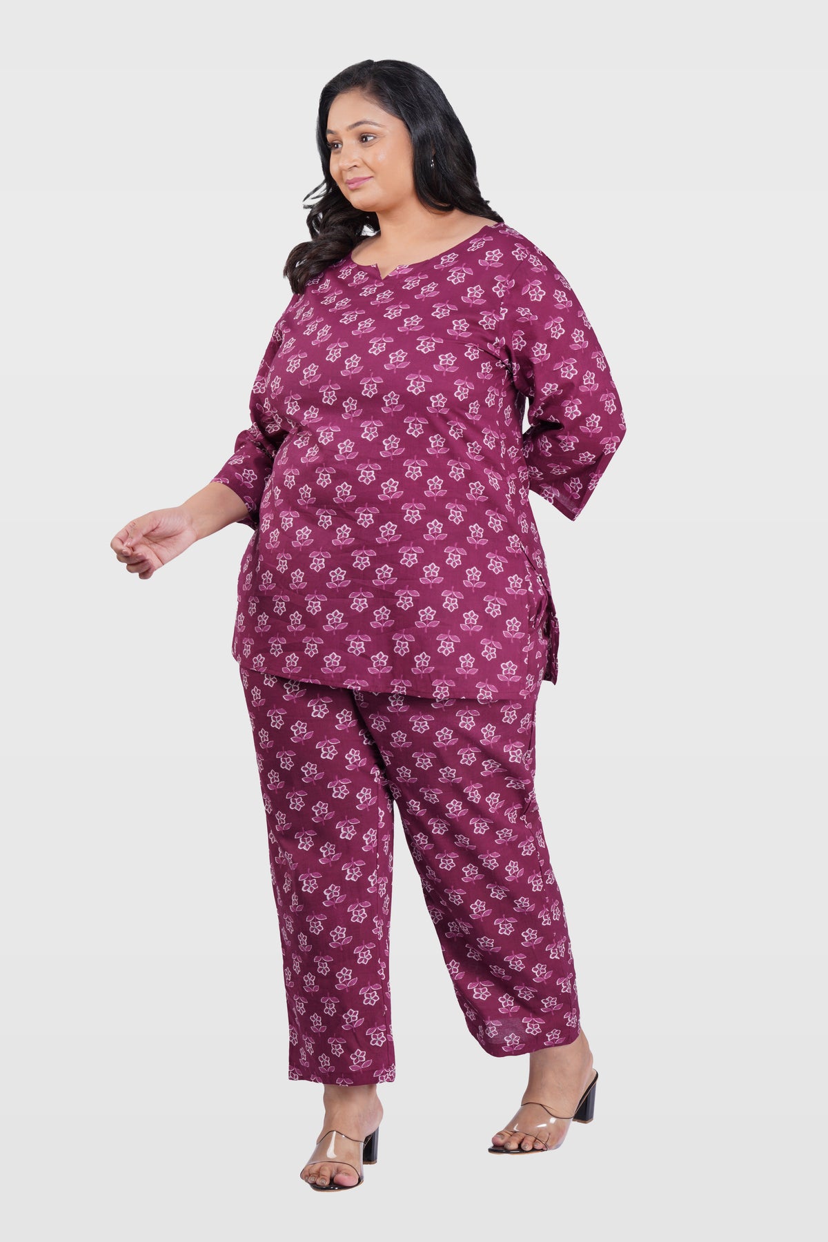 Mulberry Purple Plus Size Cotton Printed Pyjama Set