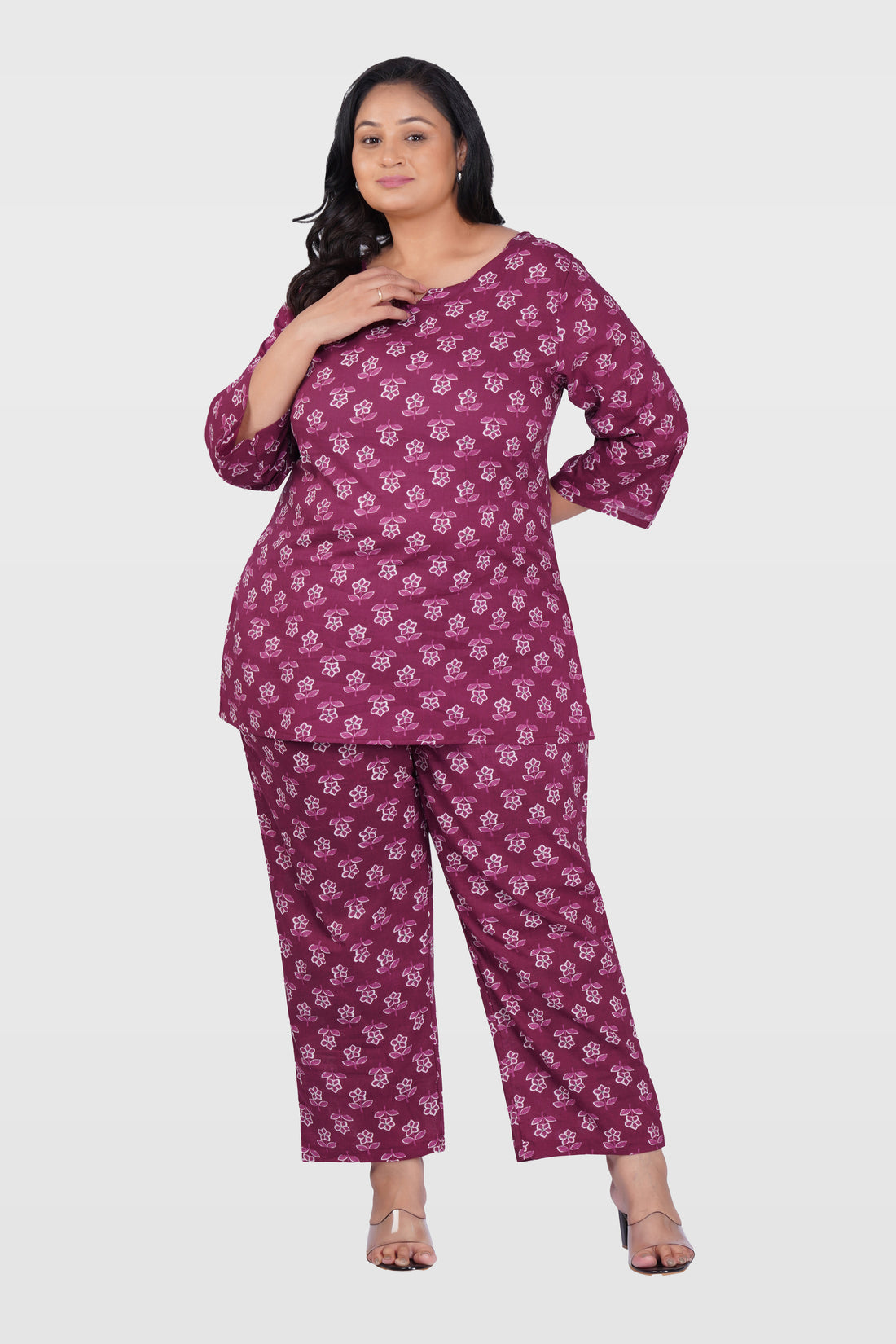 Mulberry Purple Plus Size Cotton Printed Pyjama Set