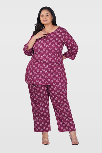 Mulberry Purple Plus Size Cotton Printed Pyjama Set