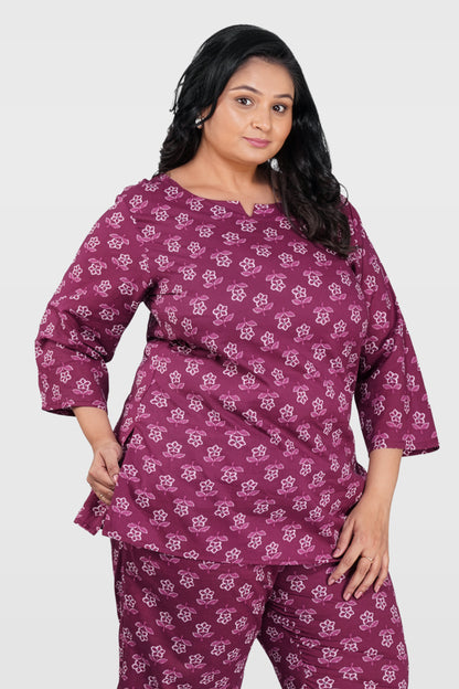 Mulberry Purple Plus Size Cotton Printed Pyjama Set
