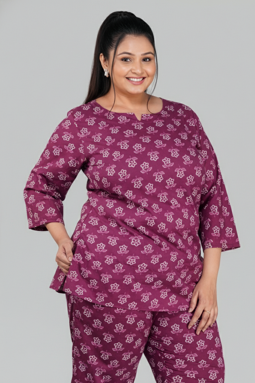 Mulberry Purple Plus Size Cotton Printed Pyjama Set