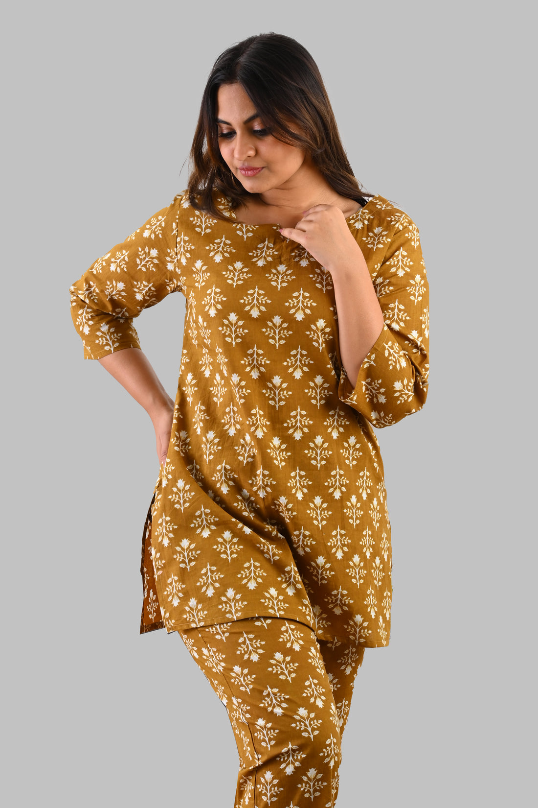 Mustard Cotton Printed Pyjama Set