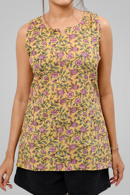 Mustard Floral Cotton Printed Sleeveless Kurti