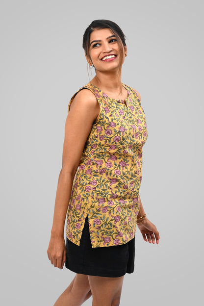 Mustard Floral Cotton Printed Sleeveless Kurti