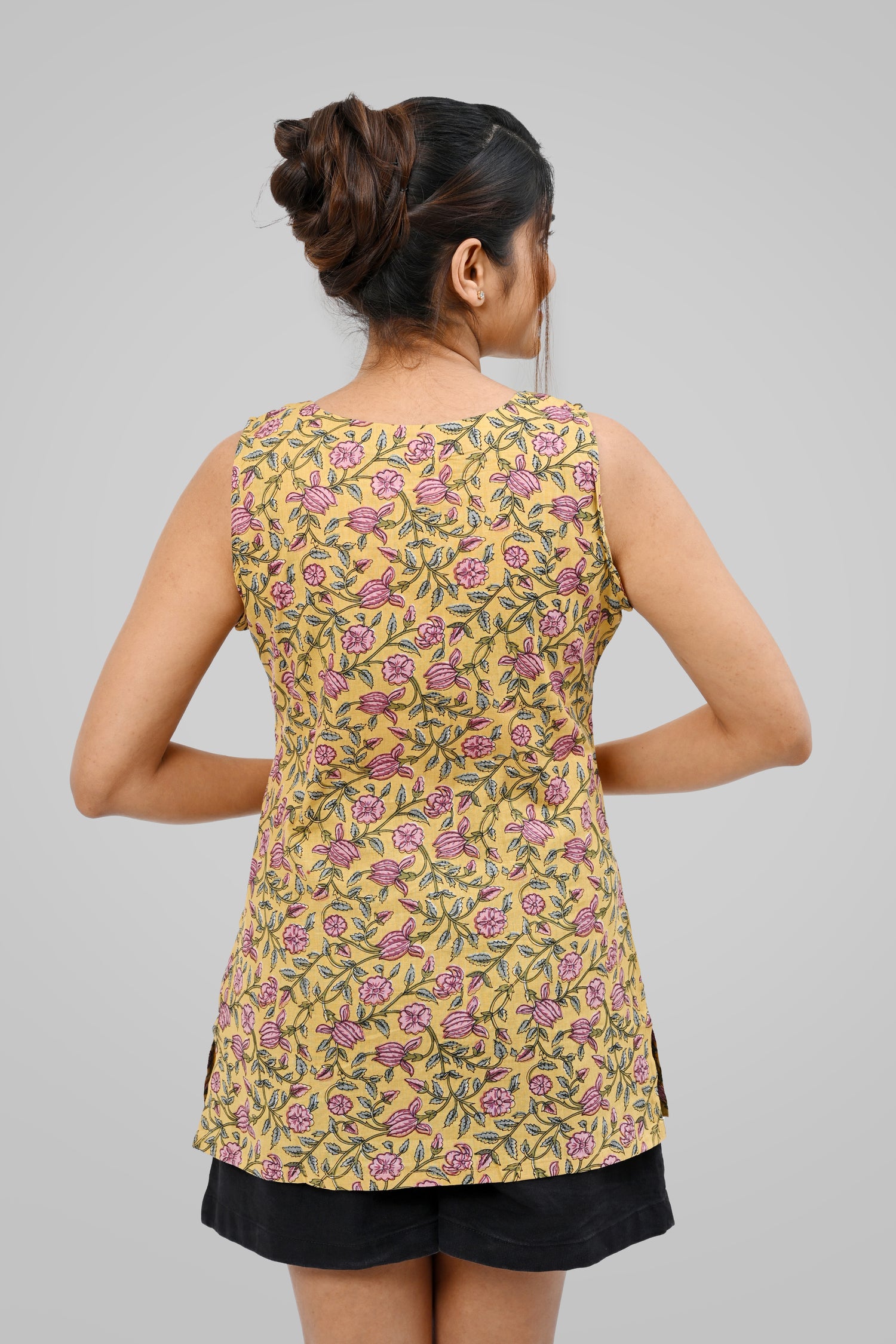 Mustard Floral Cotton Printed Sleeveless Kurti