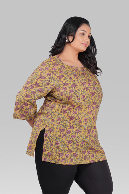 Mustard Plus Size Cotton Printed Kurti
