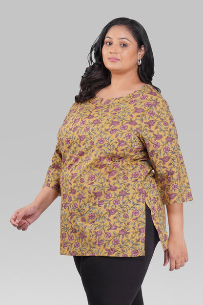 Mustard Plus Size Cotton Printed Kurti