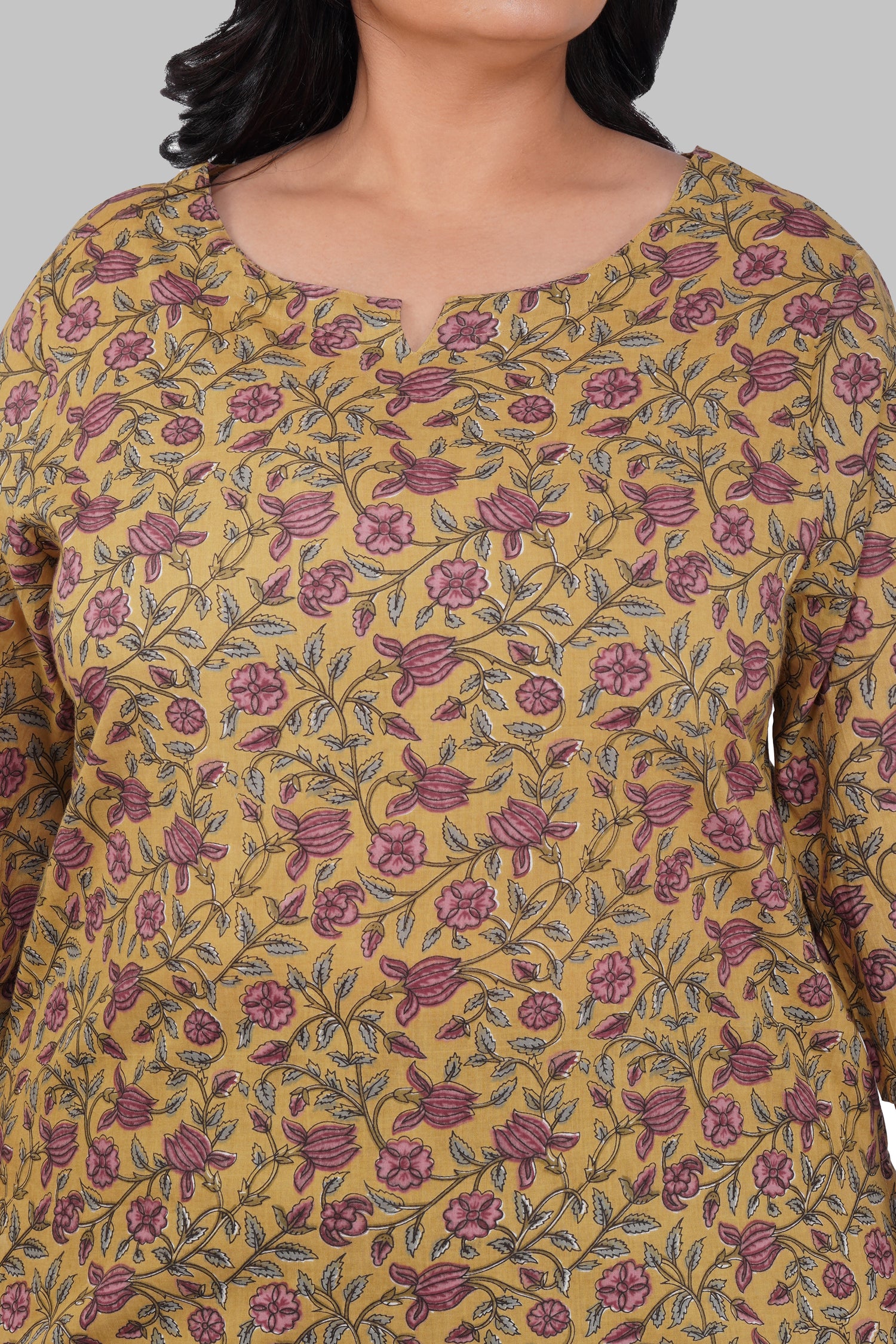 Mustard Plus Size Cotton Printed Kurti