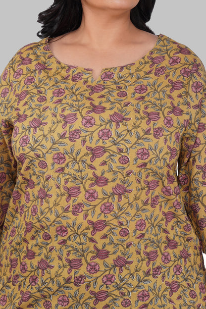 Mustard Plus Size Cotton Printed Kurti