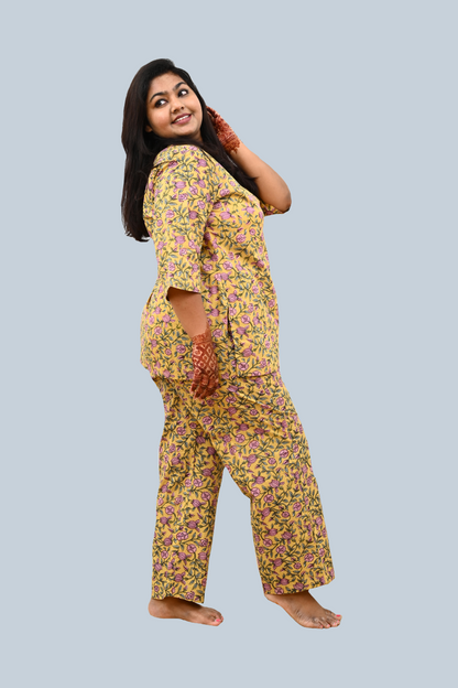 Mustard Plus Size Cotton Printed Pyjama Set