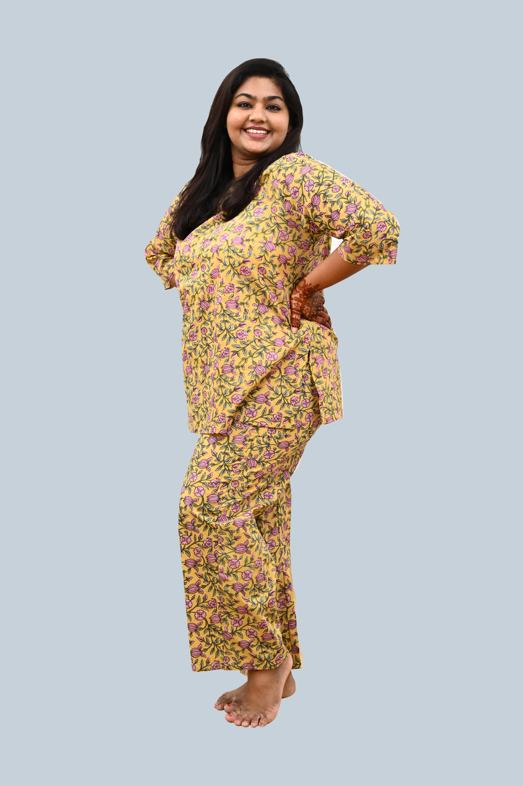 Mustard Plus Size Cotton Printed Pyjama Set