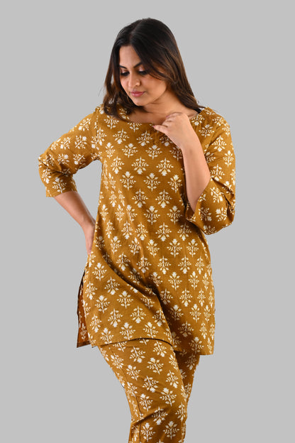 Mustard Cotton Printed Pyjama Set