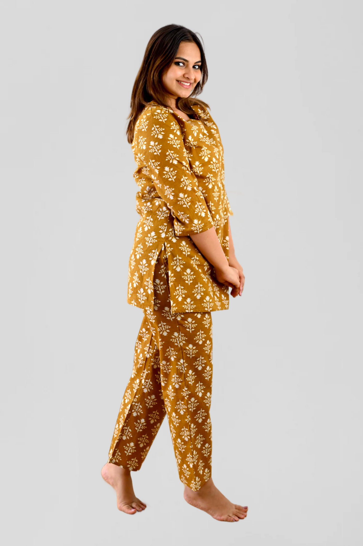 Mustard Cotton Printed Pyjama Set