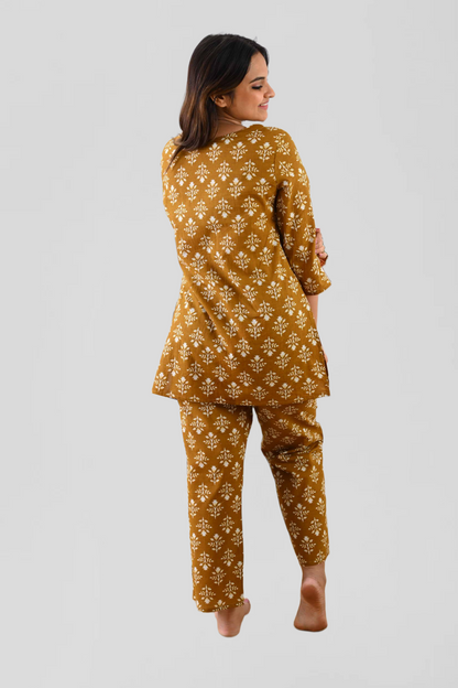 Mustard Cotton Printed Pyjama Set