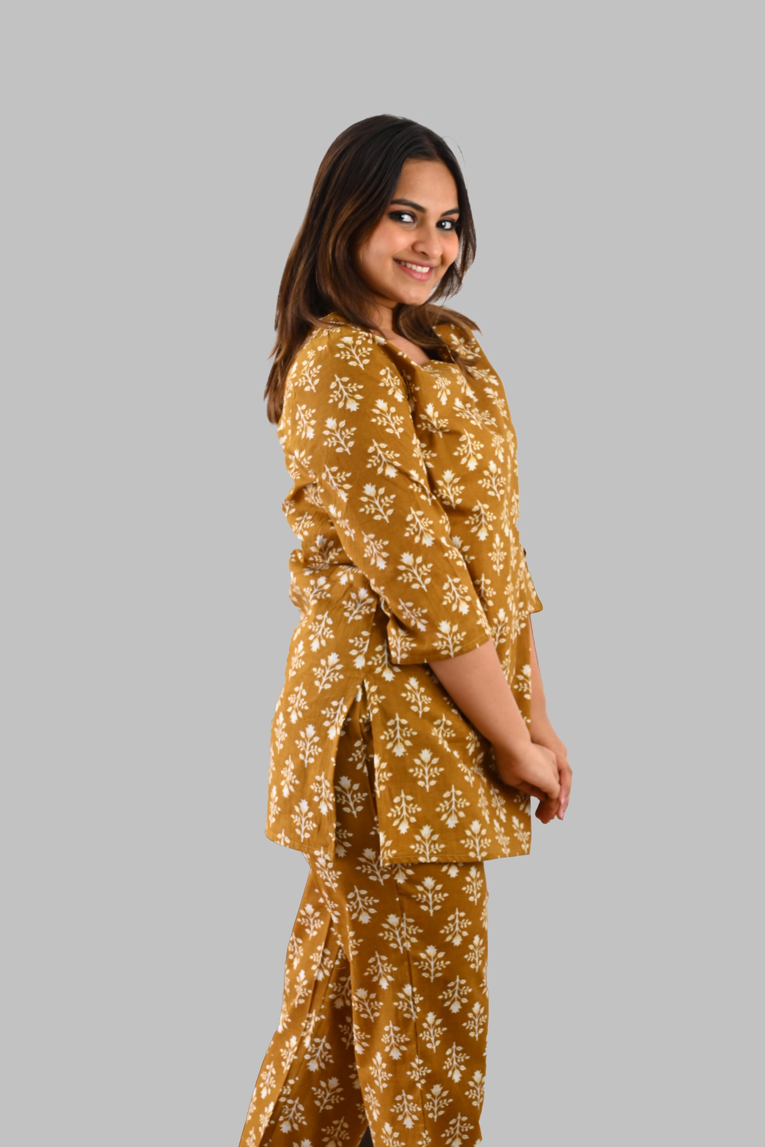 Mustard Cotton Printed Pyjama Set