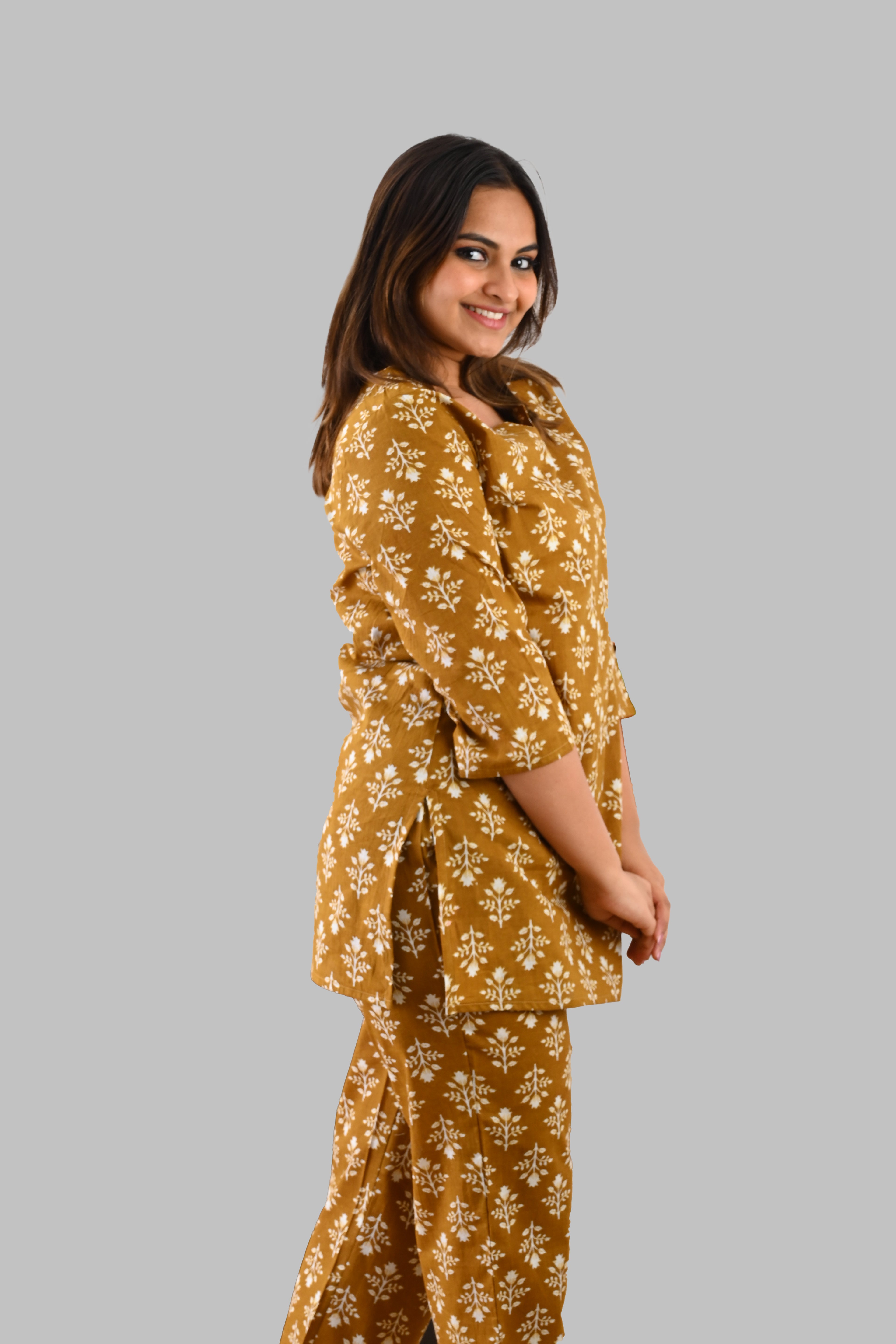 Mustard Cotton Printed Pyjama Set