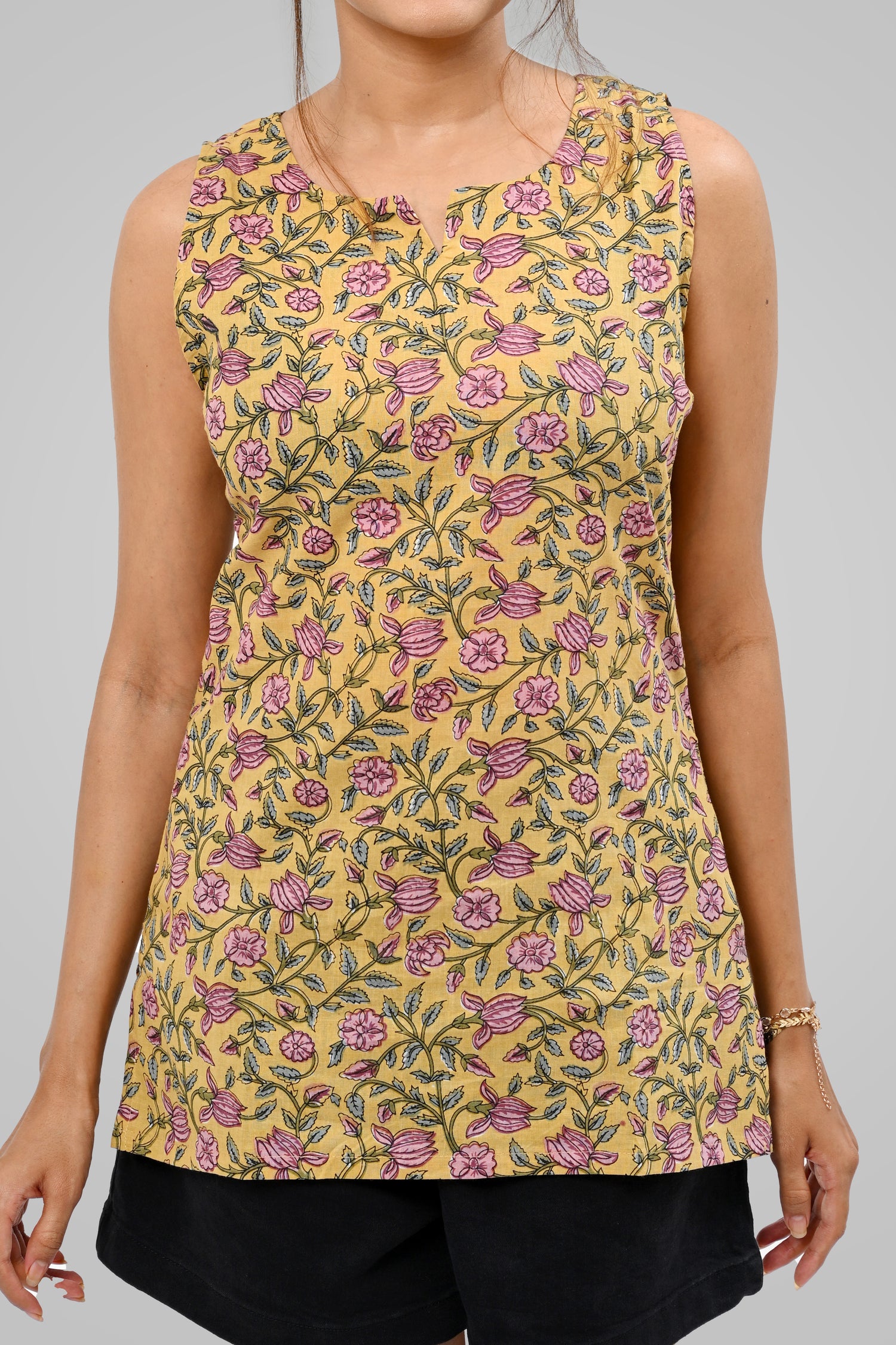 Mustard Floral Cotton Printed Sleeveless Kurti
