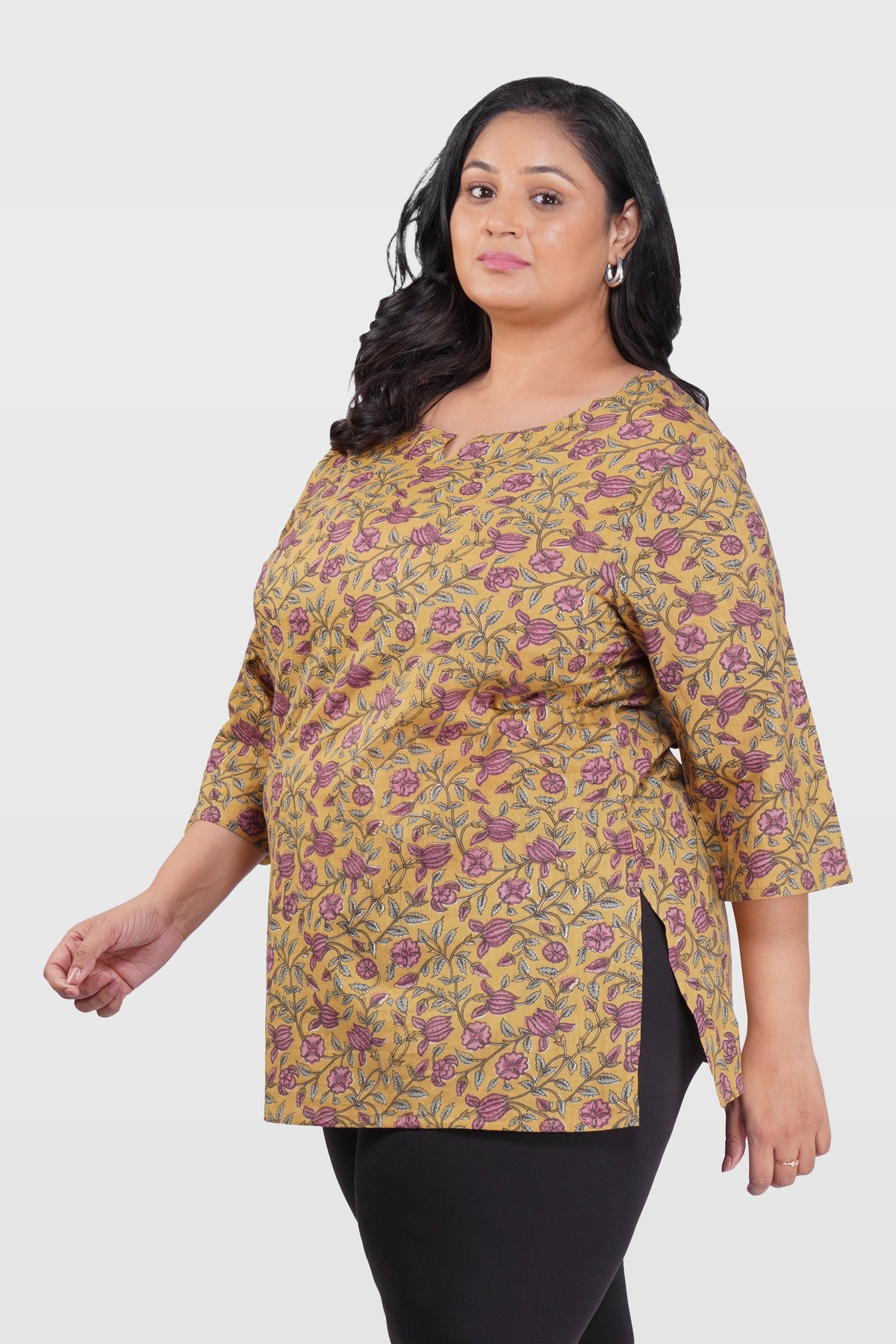 Mustard Plus Size Cotton Printed Kurti