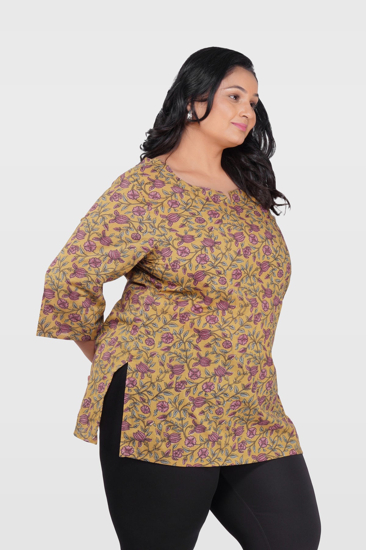 Mustard Plus Size Cotton Printed Kurti