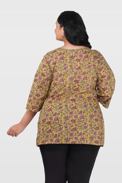 Mustard Plus Size Cotton Printed Kurti