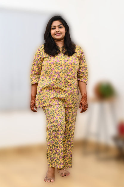Mustard Plus Size Cotton Printed Pyjama Set
