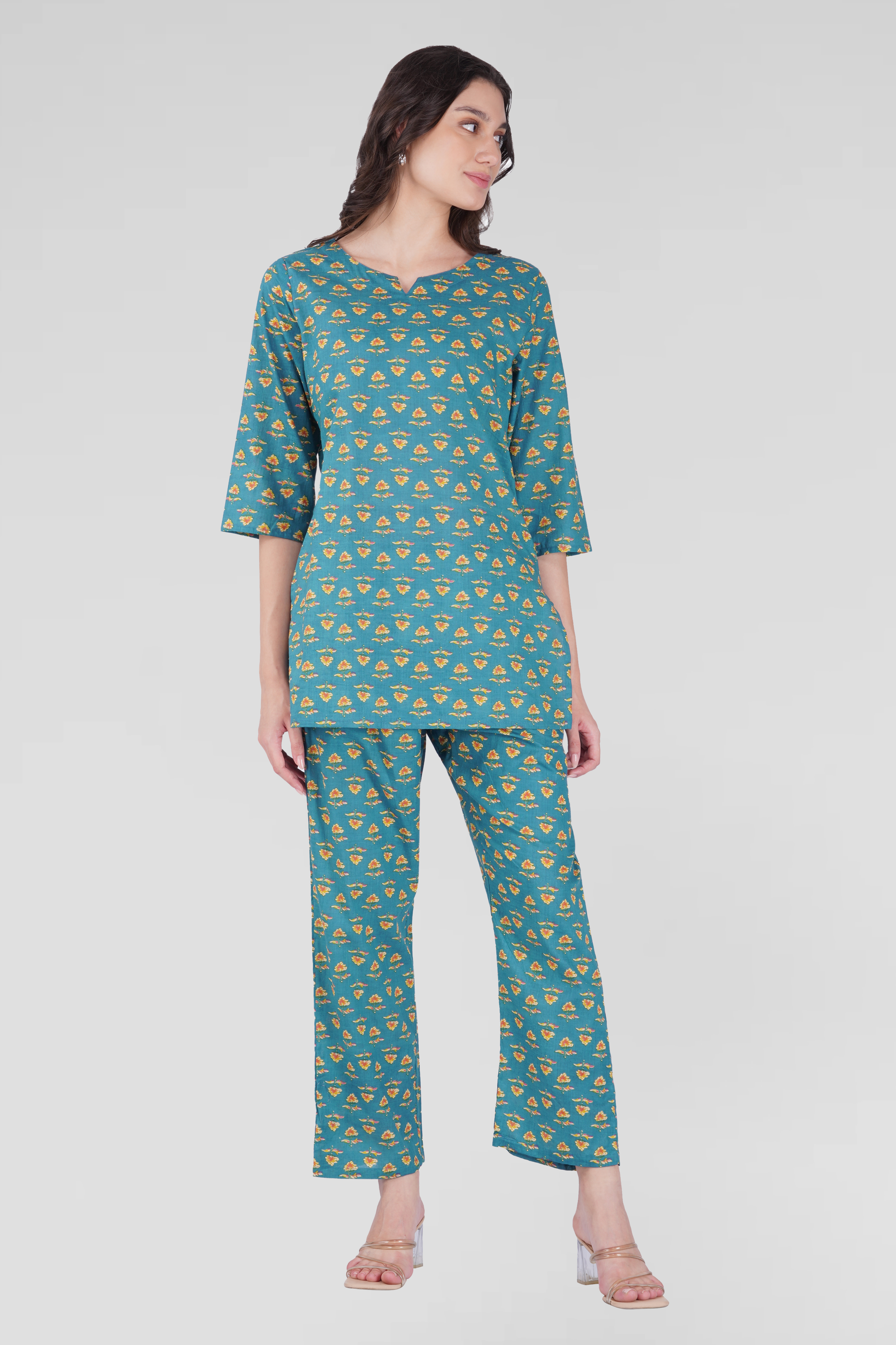 Muted Blue Cotton Printed Pyjama Set