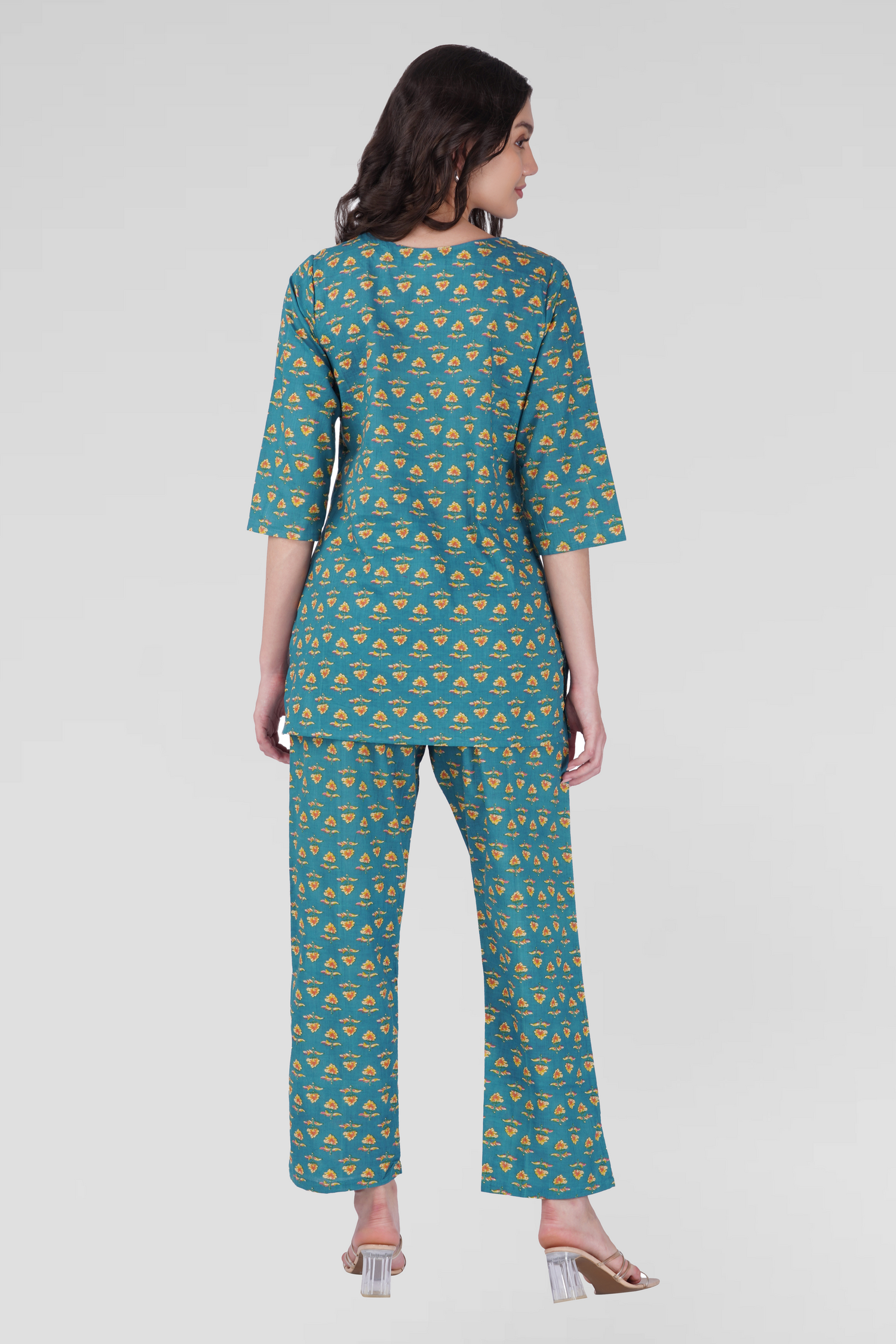 Muted Blue Cotton Printed Pyjama Set