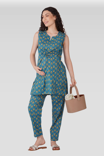 Muted Blue Cotton Printed Maternity and Feeding Kurta Set