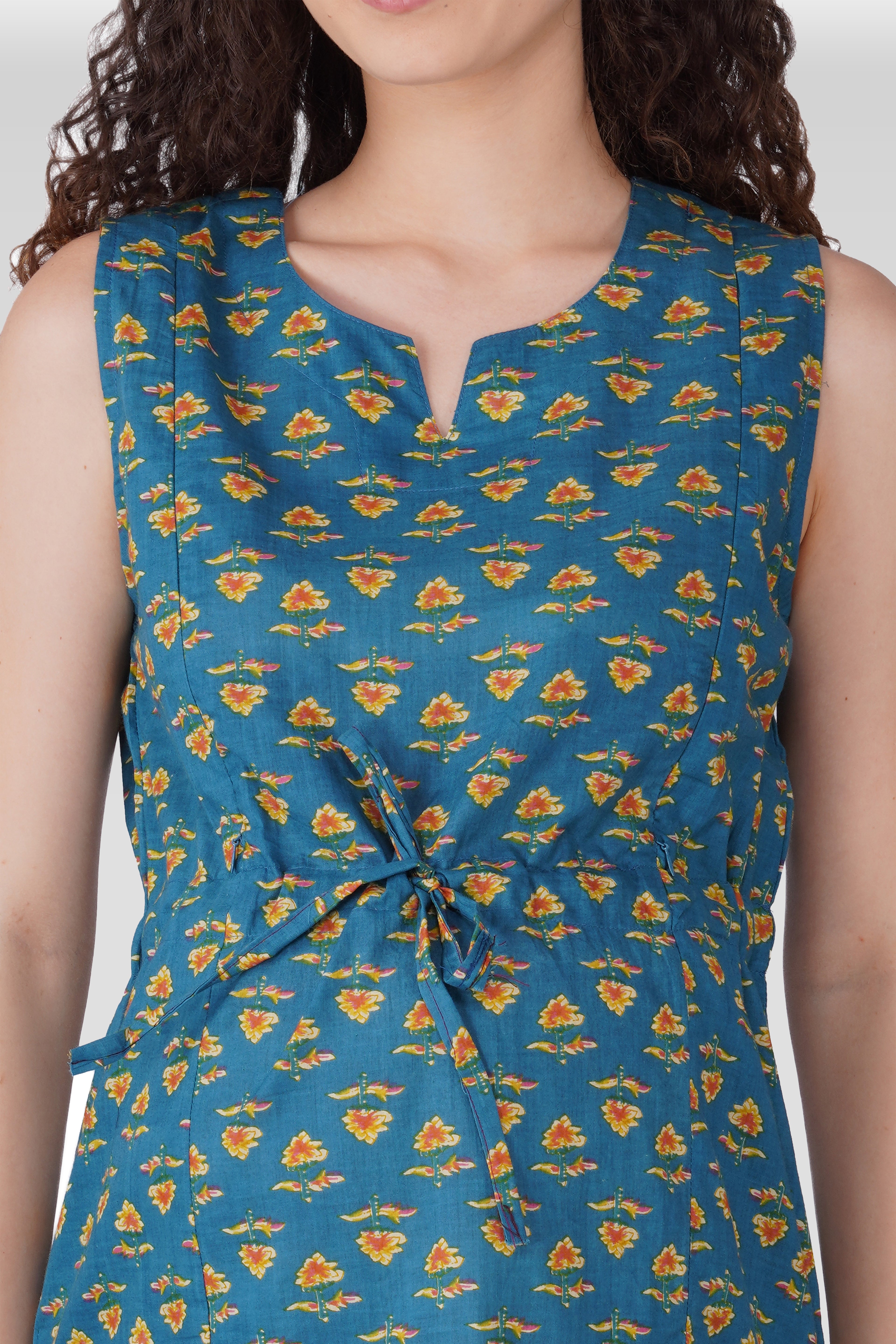 Muted Blue Cotton Printed Maternity and Feeding Kurta Set