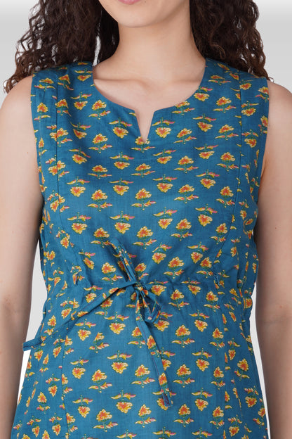 Muted Blue Cotton Printed Maternity and Feeding Kurta Set