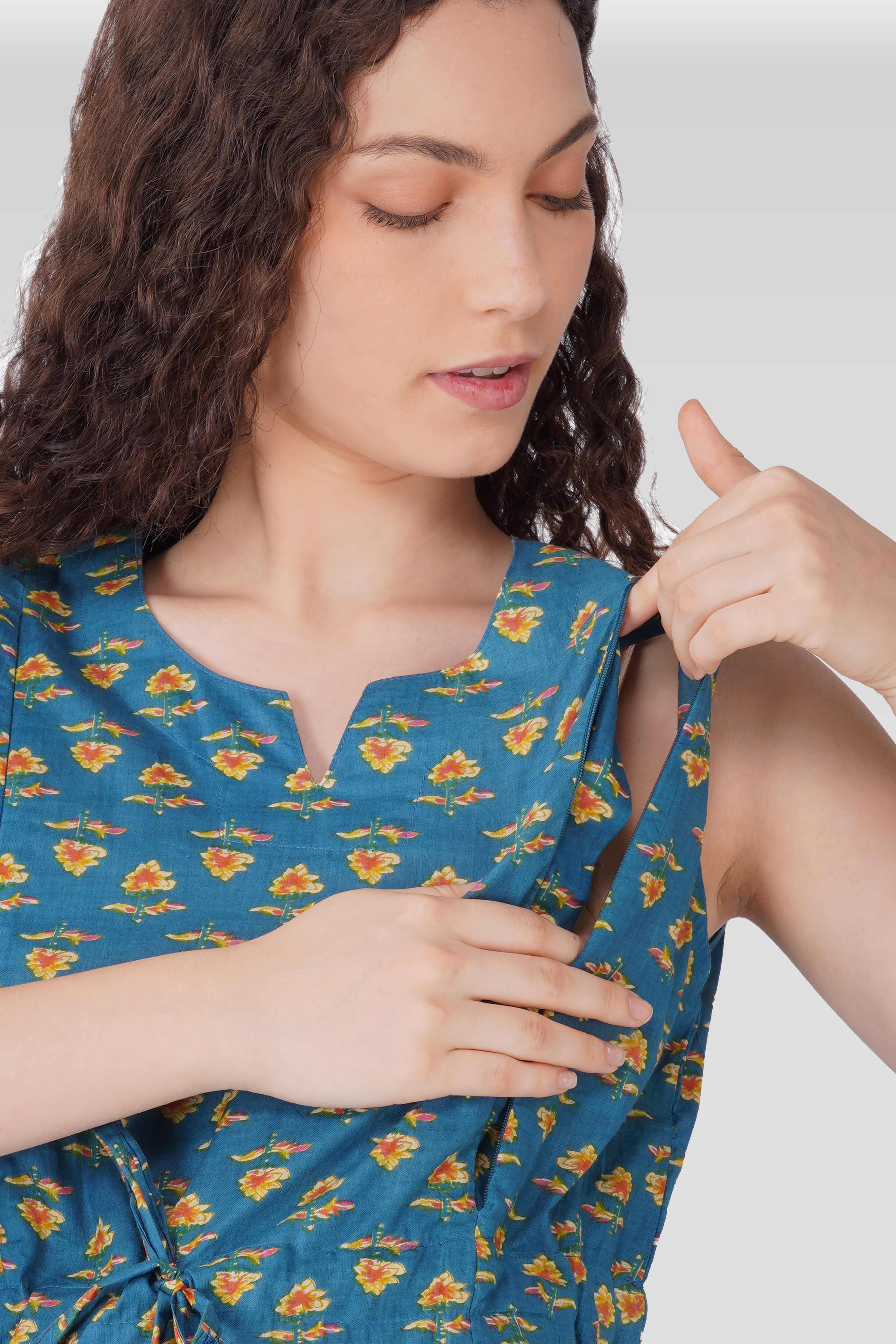 Muted Blue Cotton Printed Maternity and Feeding Kurta Set