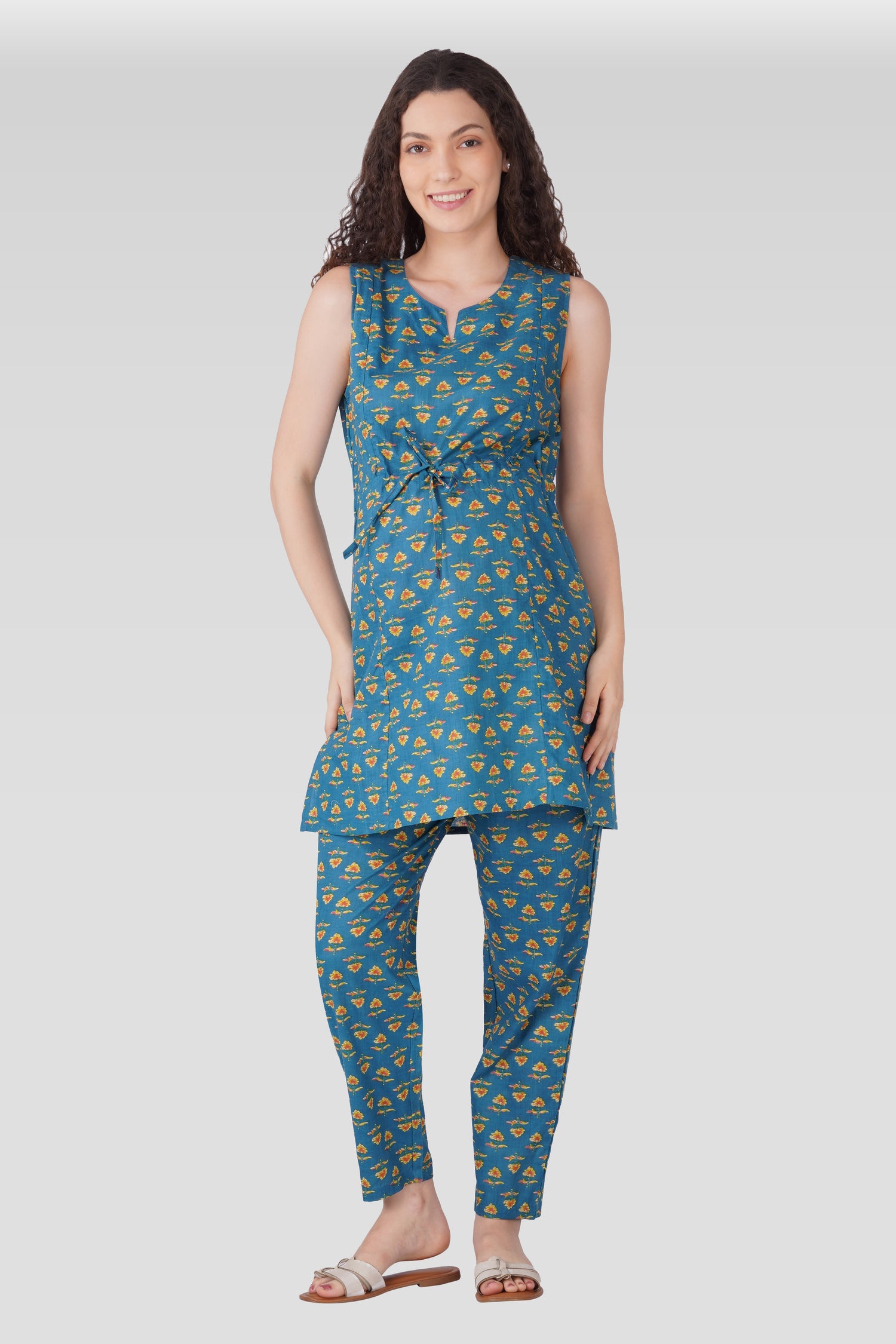 Muted Blue Cotton Printed Maternity and Feeding Kurta Set