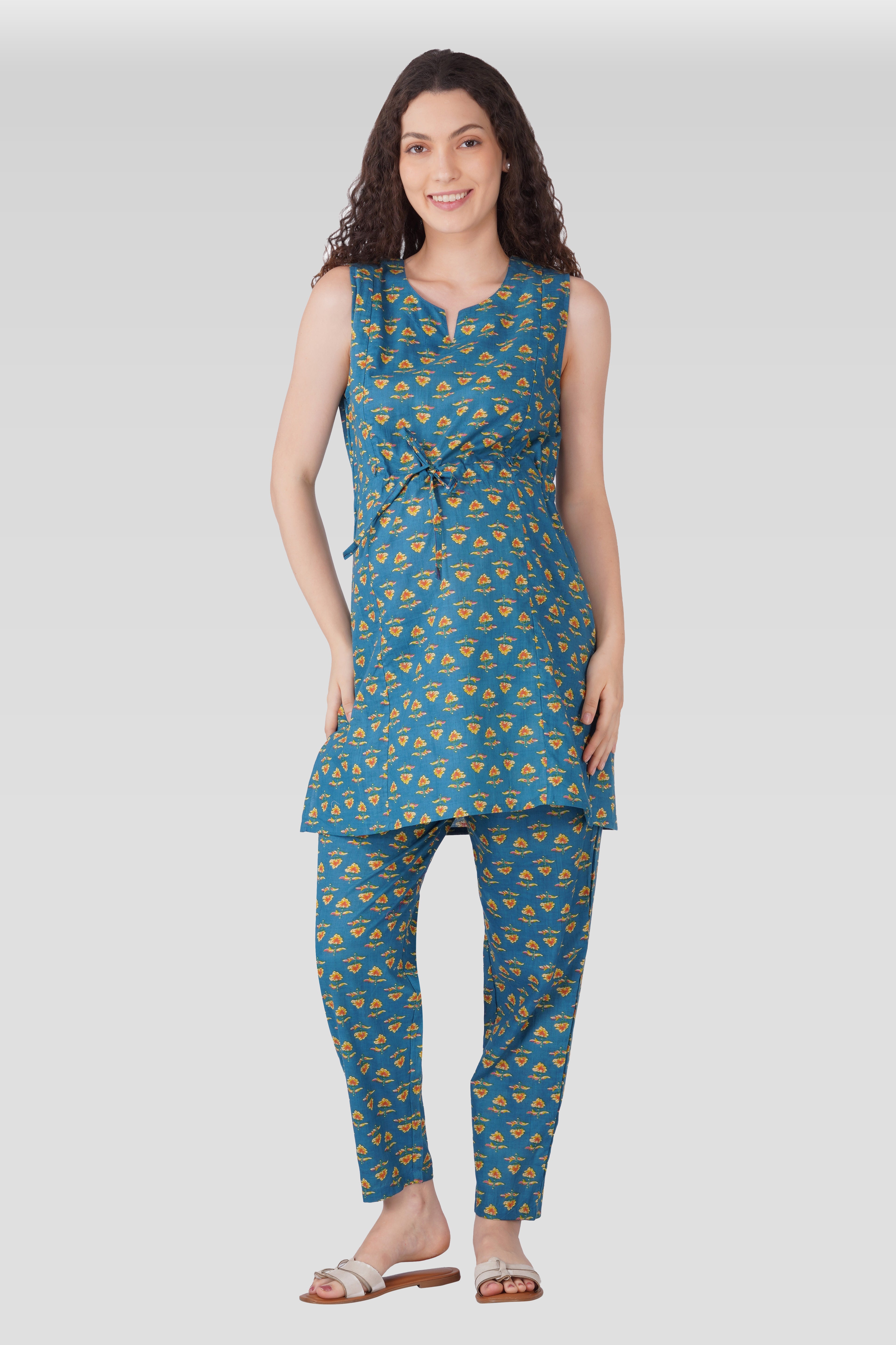 Muted Blue Cotton Printed Maternity and Feeding Kurta Set