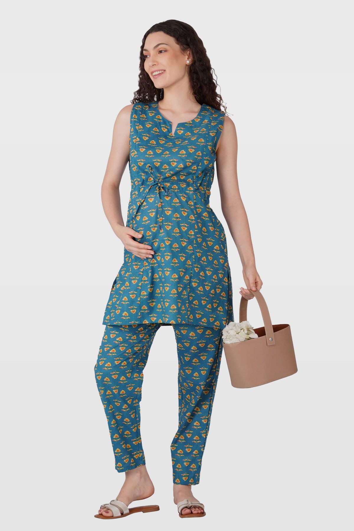 Muted Blue Cotton Printed Maternity and Feeding Kurta Set