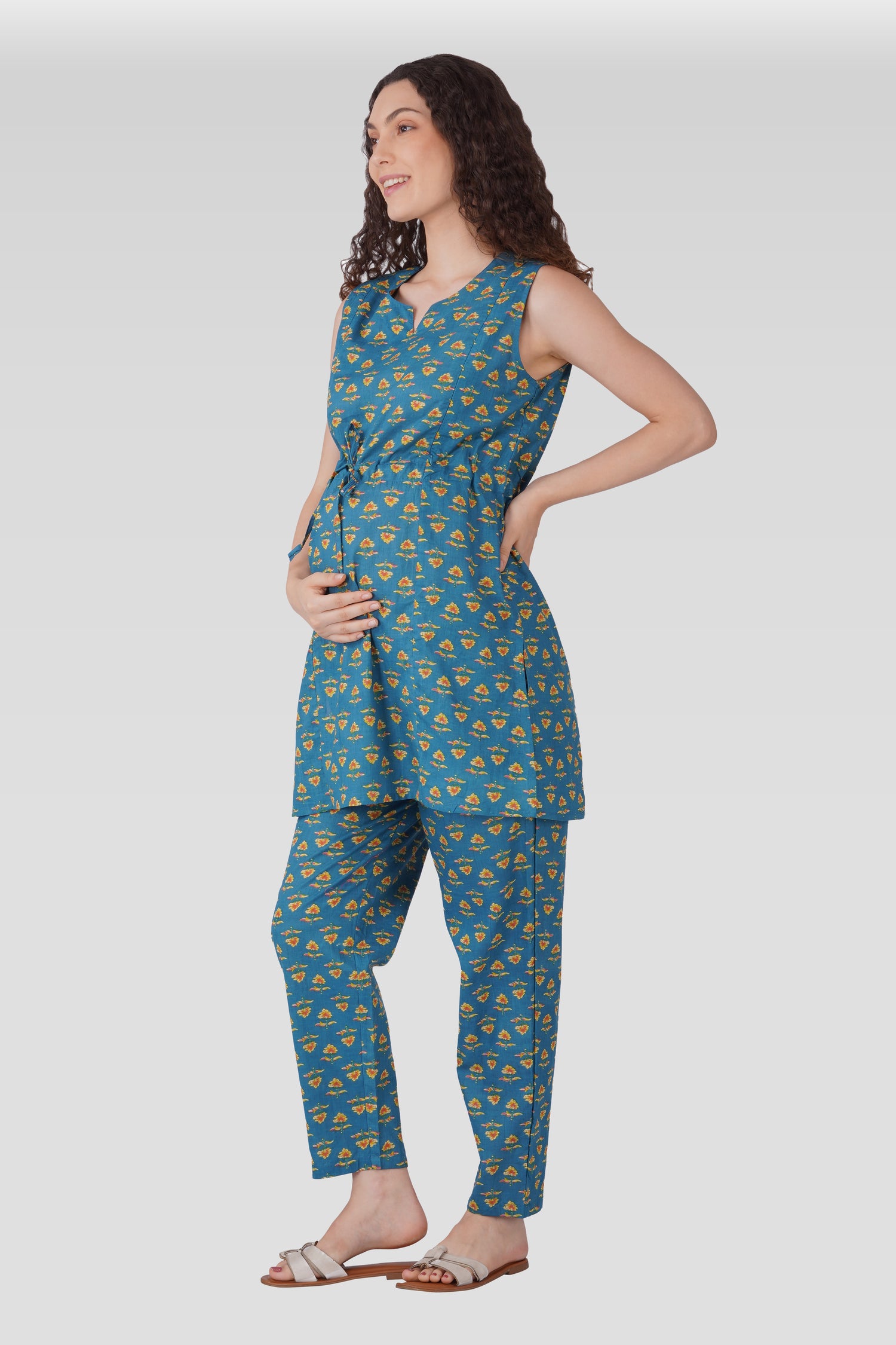 Muted Blue Cotton Printed Maternity and Feeding Kurta Set 