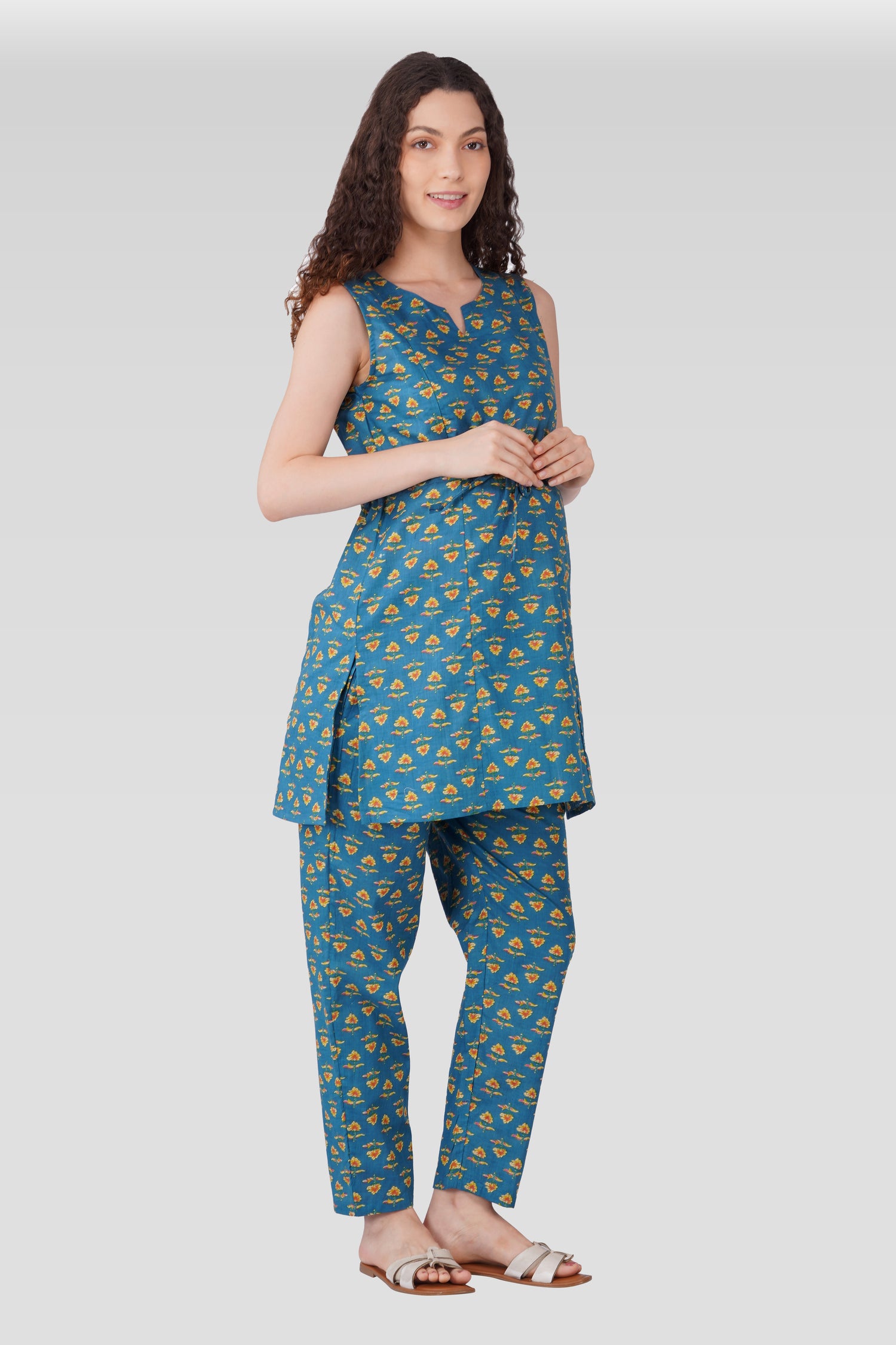 Muted Blue Cotton Printed Maternity and Feeding Kurta Set