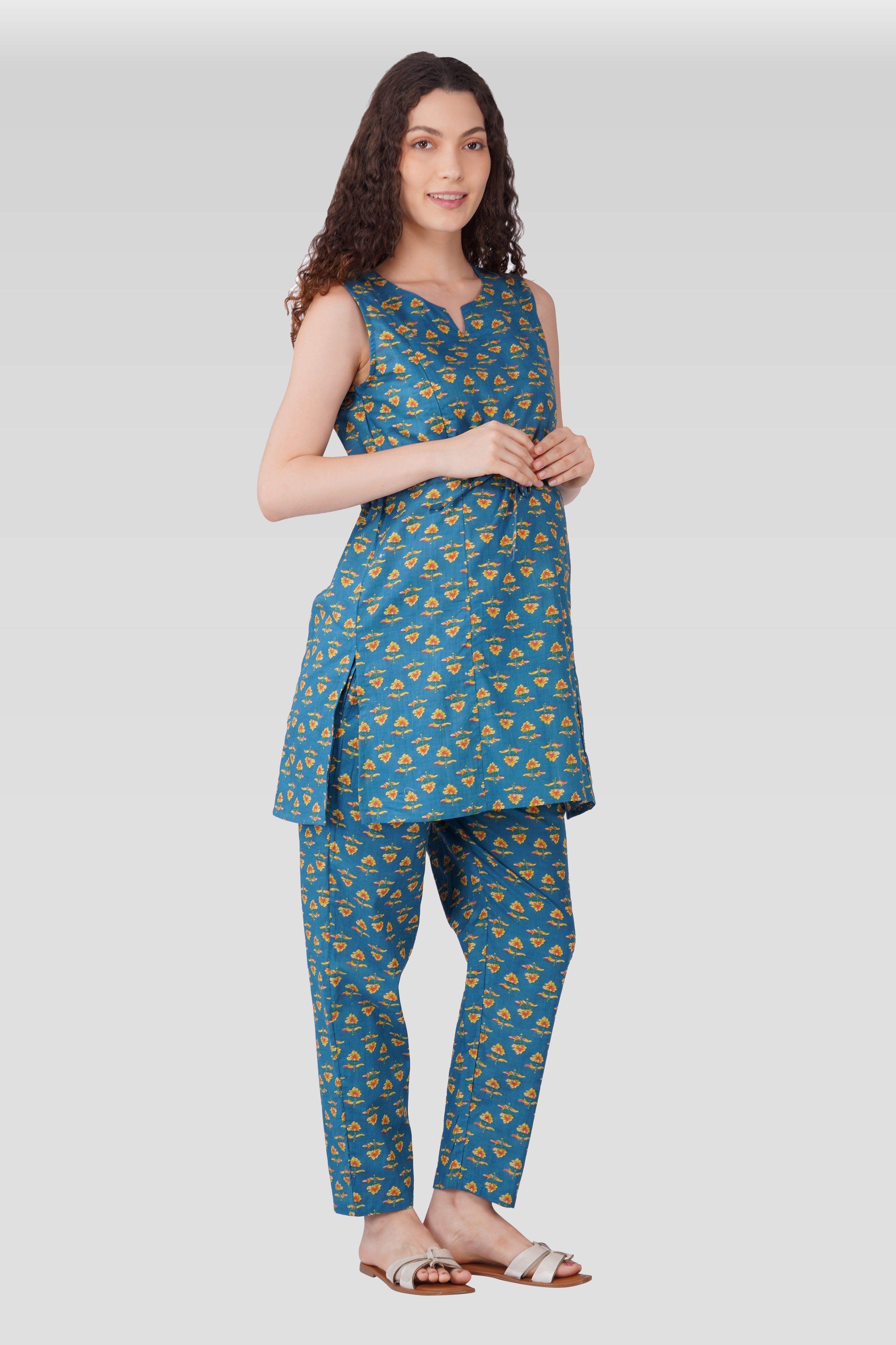 Muted Blue Cotton Printed Maternity and Feeding Kurta Set