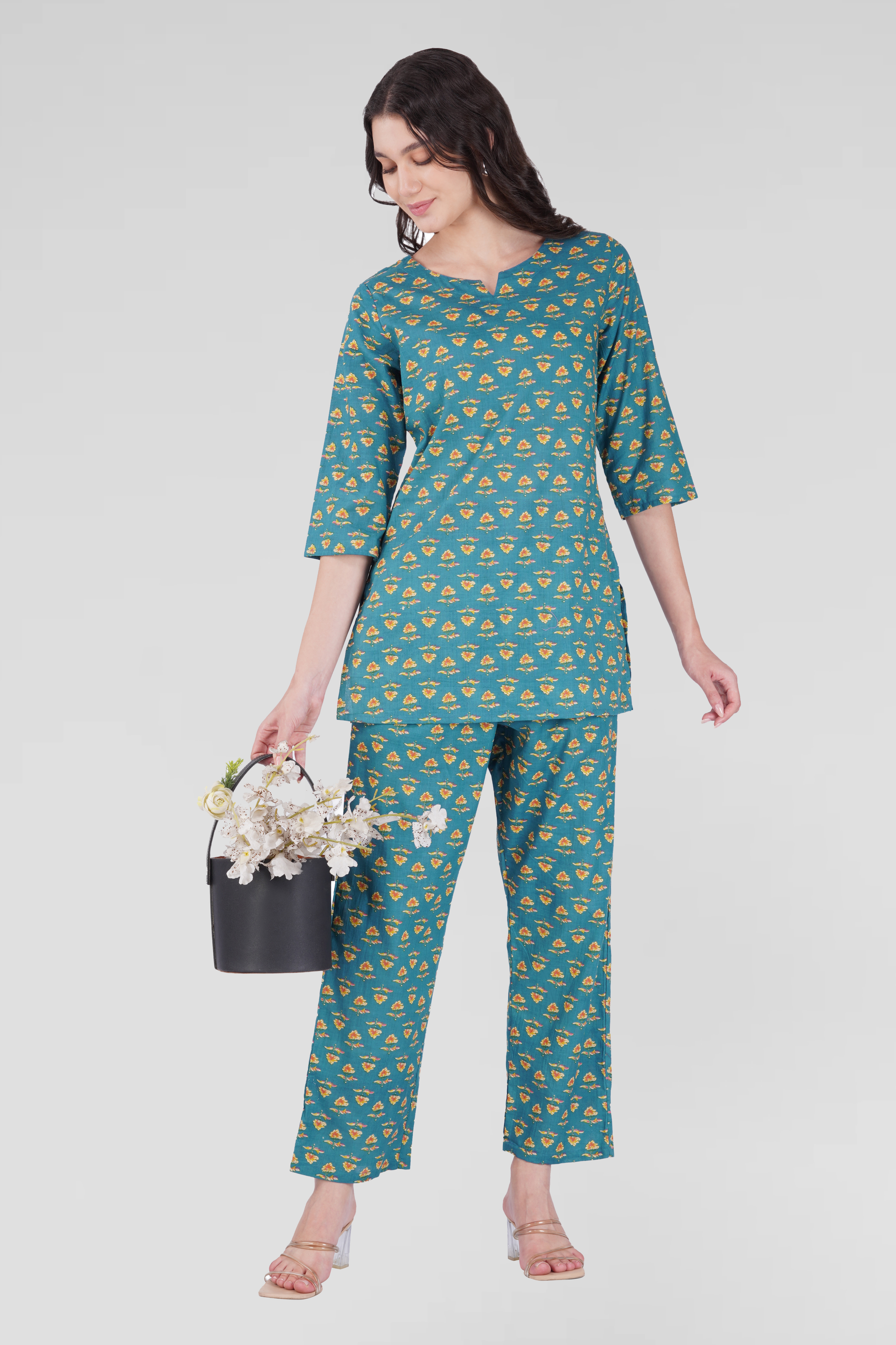Muted Blue Cotton Printed Pyjama Set