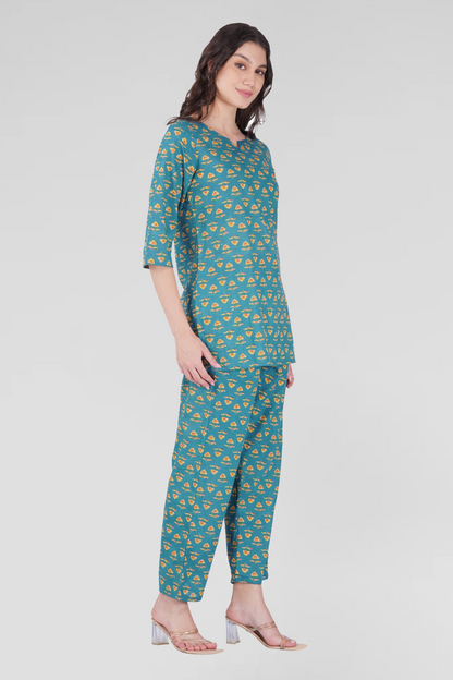 Muted Blue Cotton Printed Pyjama Set