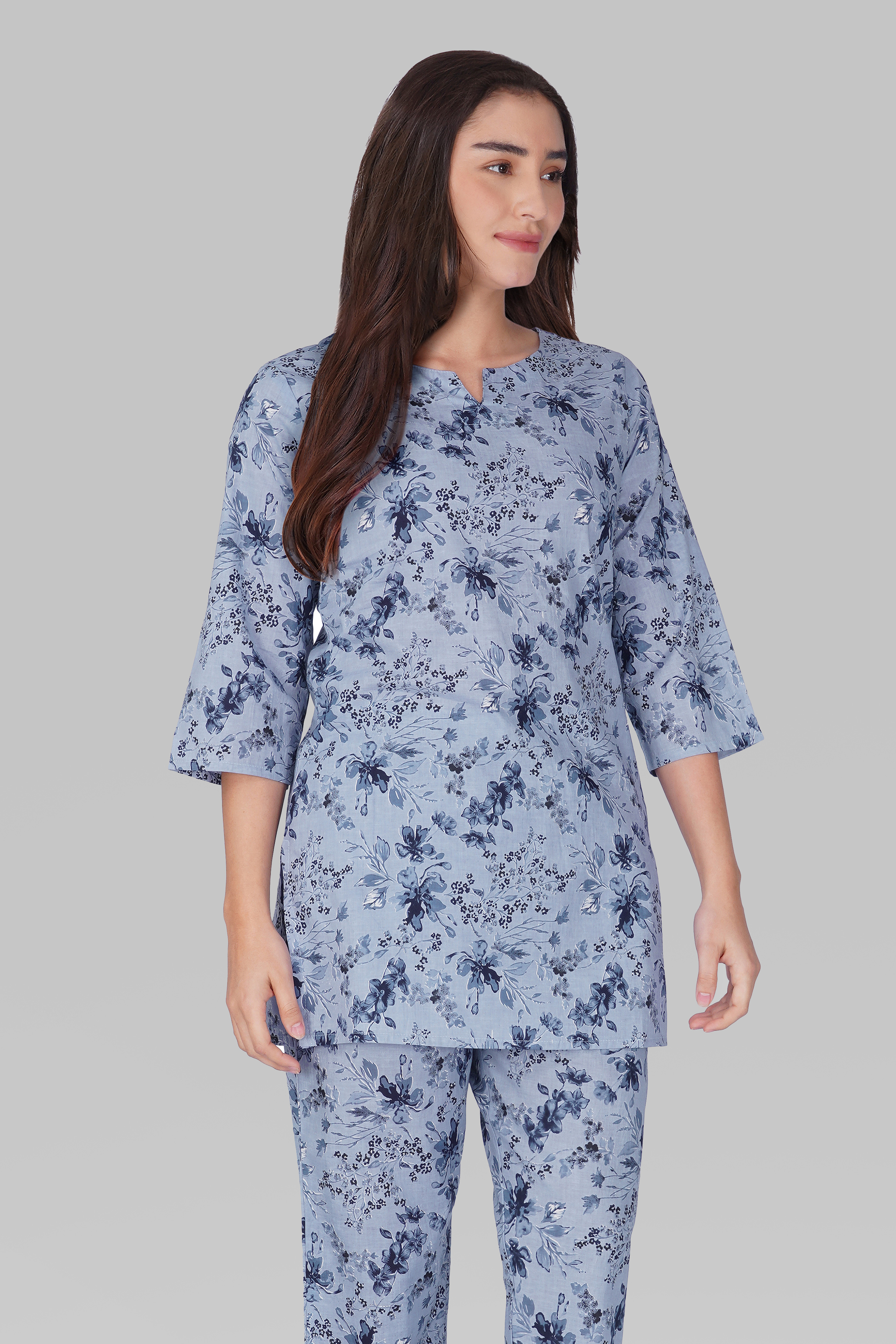 Muted Navy Cotton Printed Pyjama Set