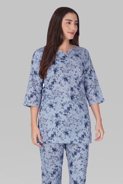 Muted Navy Cotton Printed Pyjama Set