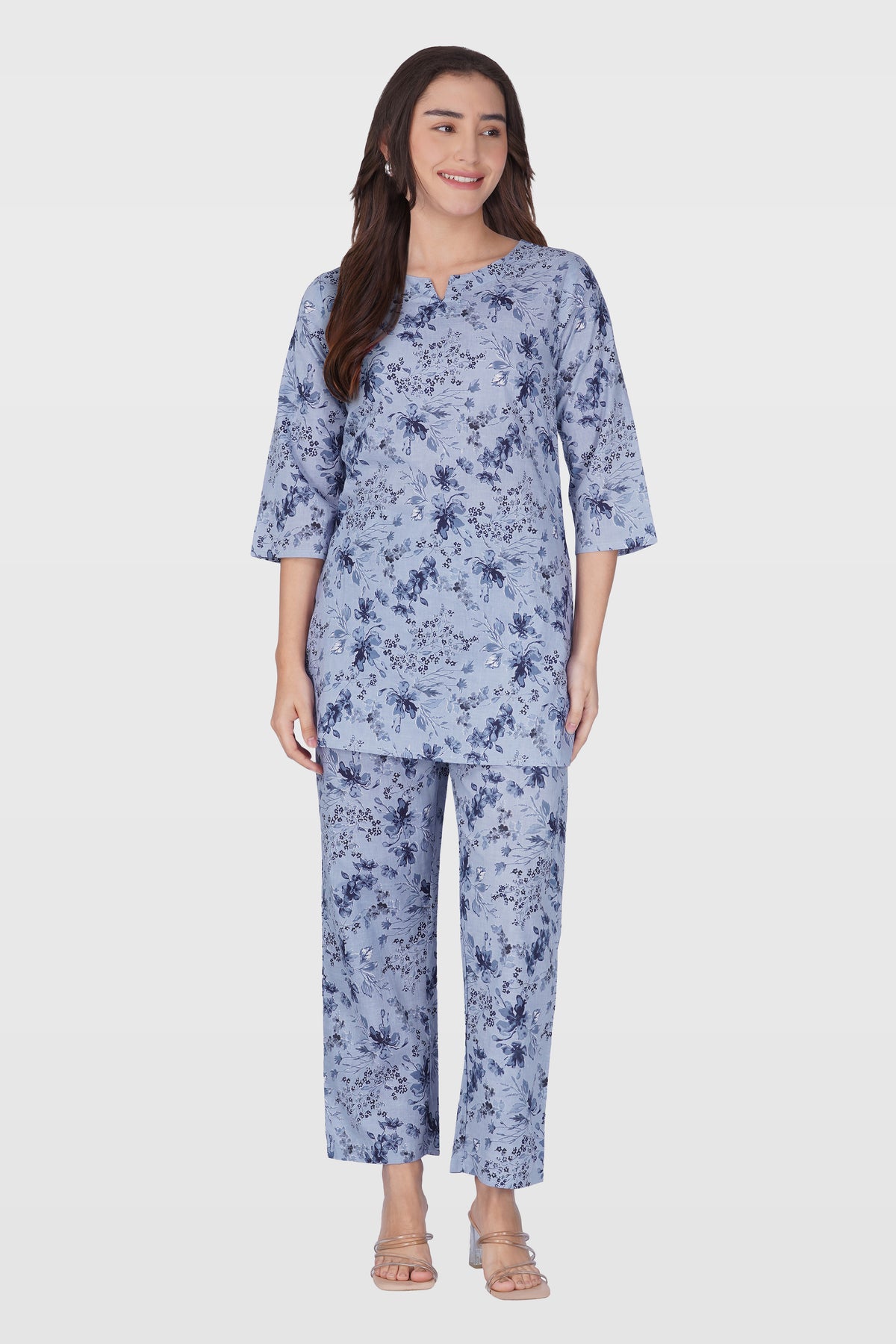 Muted Navy Cotton Printed Pyjama Set
