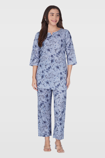 Muted Navy Cotton Printed Pyjama Set