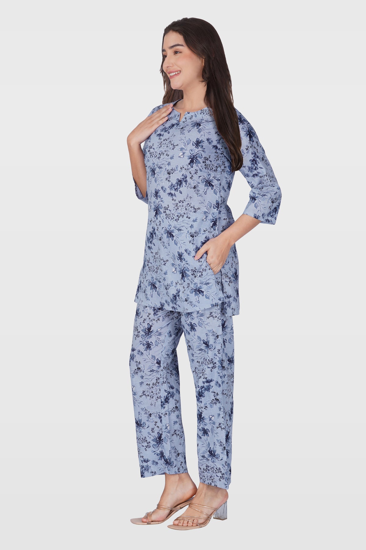 Muted Navy Cotton Printed Pyjama Set