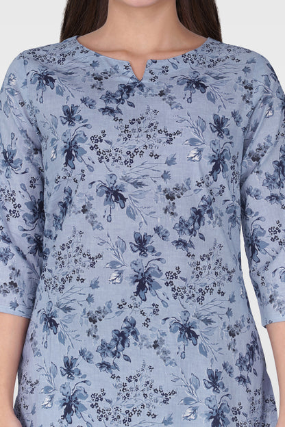 Muted Navy Cotton Printed Pyjama Set