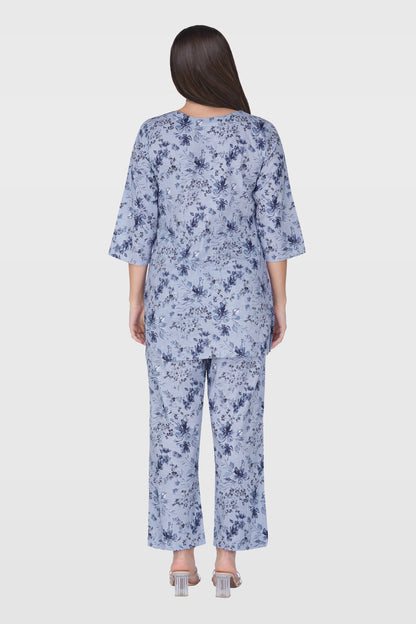 Muted Navy Cotton Printed Pyjama Set