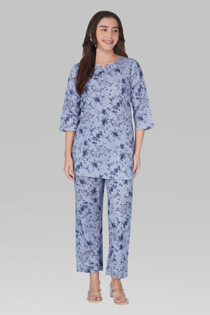 Muted Navy Cotton Printed Pyjama Set