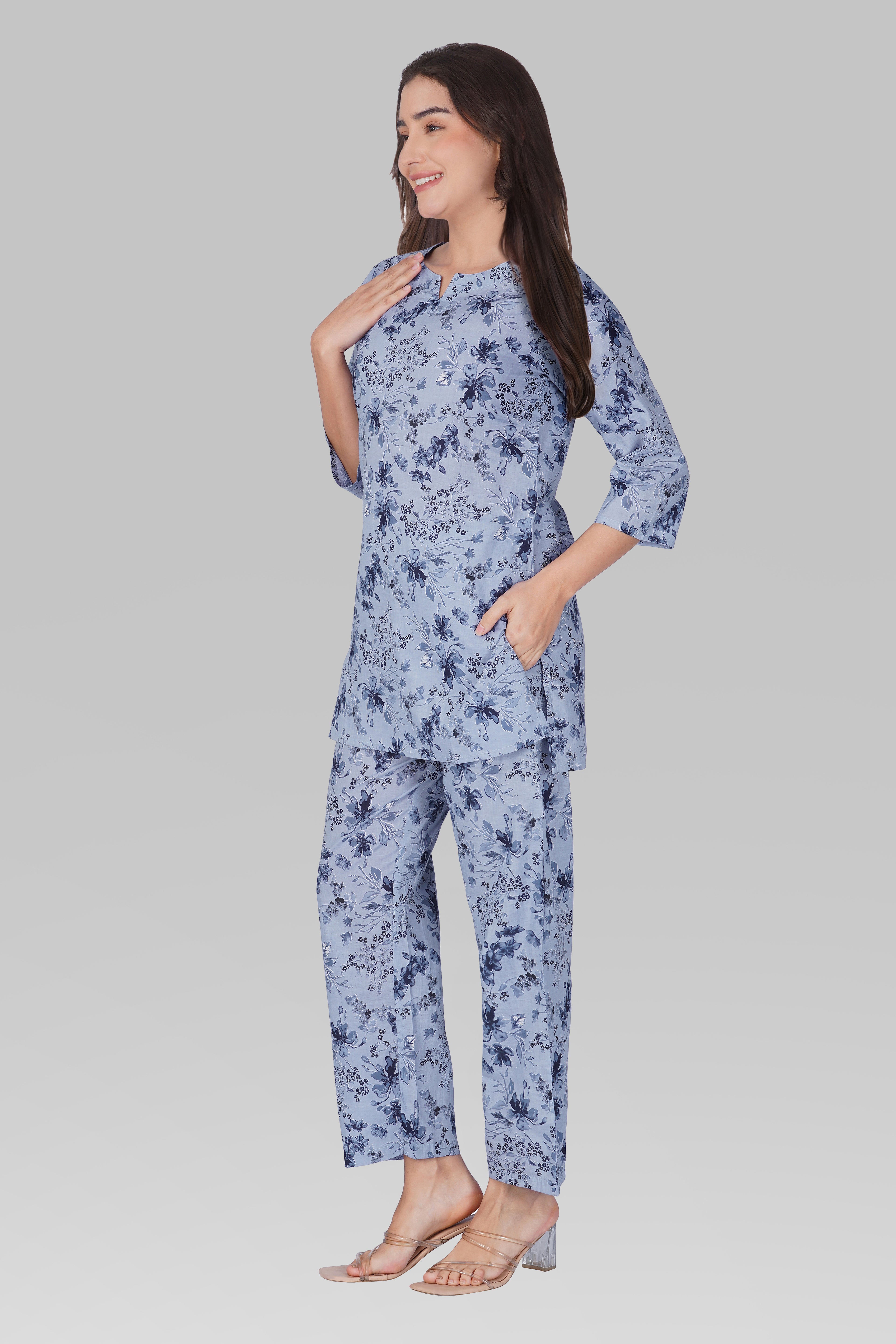 Muted Navy Cotton Printed Pyjama Set